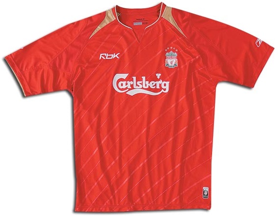 Liverpool shirts: 2006 home red, gold and white shirt